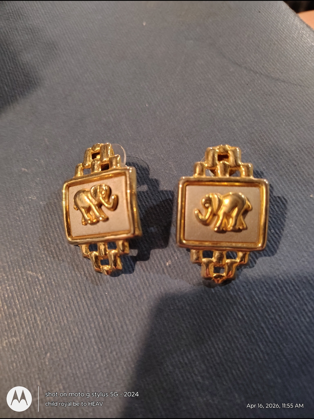 Gold Tone Elephant Motif Earrings - Cream Inset